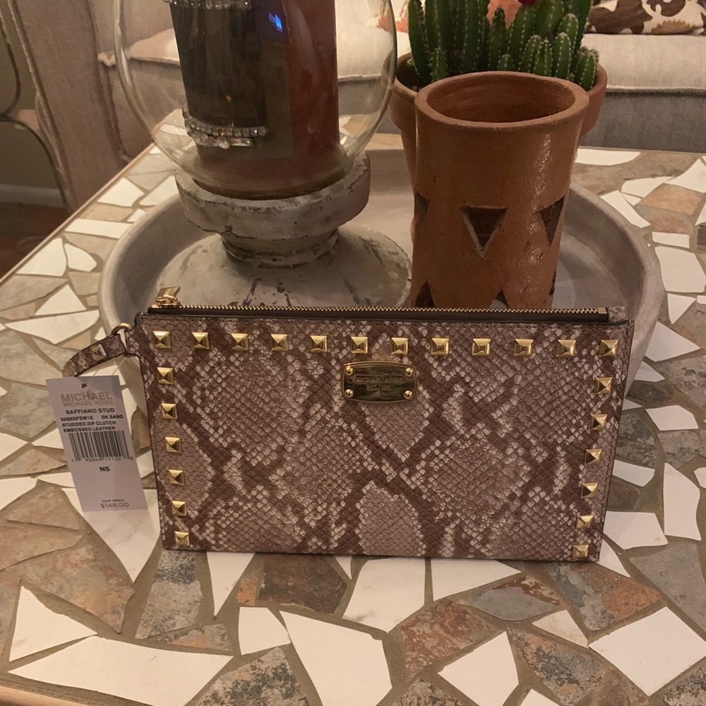 NWT MK Saffiano Stud Dk Sand Studded Zip Clutch